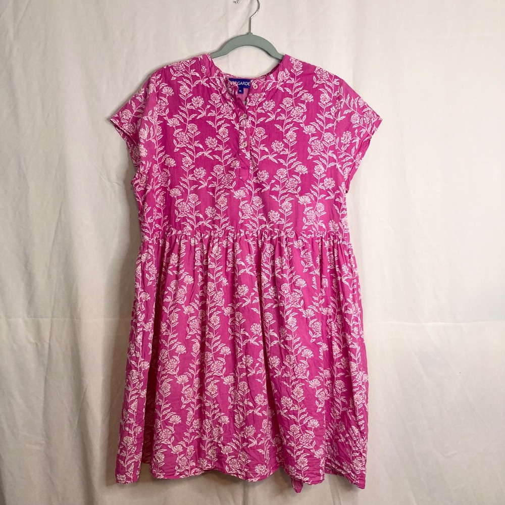 Ro's Garden Pink Floral 100% Cotton Babydoll Mini Dress Block Print XL Boho